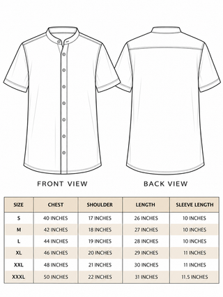 Gulrez Shirt size chart S to XXXL, chest 40-50 in, shoulder 17-22 in, length 26-31 in, sleeve 10-11.5 in