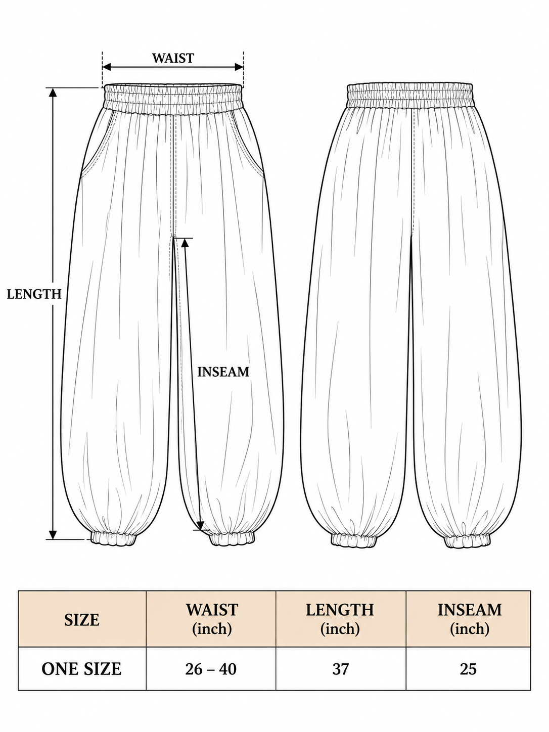 Hoor harem pants size chart: one size, waist 26-40 in, length 37 in, inseam 25 in