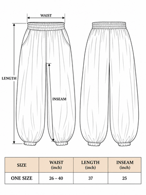 Hoor harem pants size chart: one size, waist 26-40 in, length 37 in, inseam 25 in