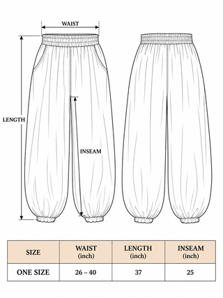 Hoor harem pants size chart: one size, waist 26-40 in, length 37 in, inseam 25 in