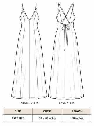 Idhika Dress size chart: free size, chest 30 to 40 inches, 50 inch length, front and back view