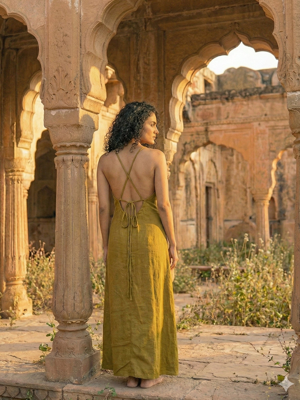 Idhika Dress in olive green, back view showing criss-cross straps and tie waist at a haveli