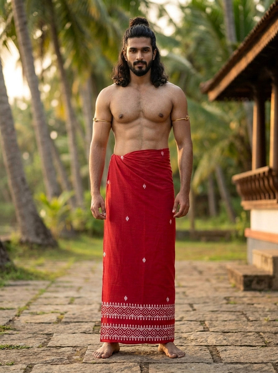 A man with long hair and a beard stands barefoot outdoors, wearing the Thira Dhoti in red—a hand block printed cotton mundu—wrapped around his waist, with palm trees and a building in the background.