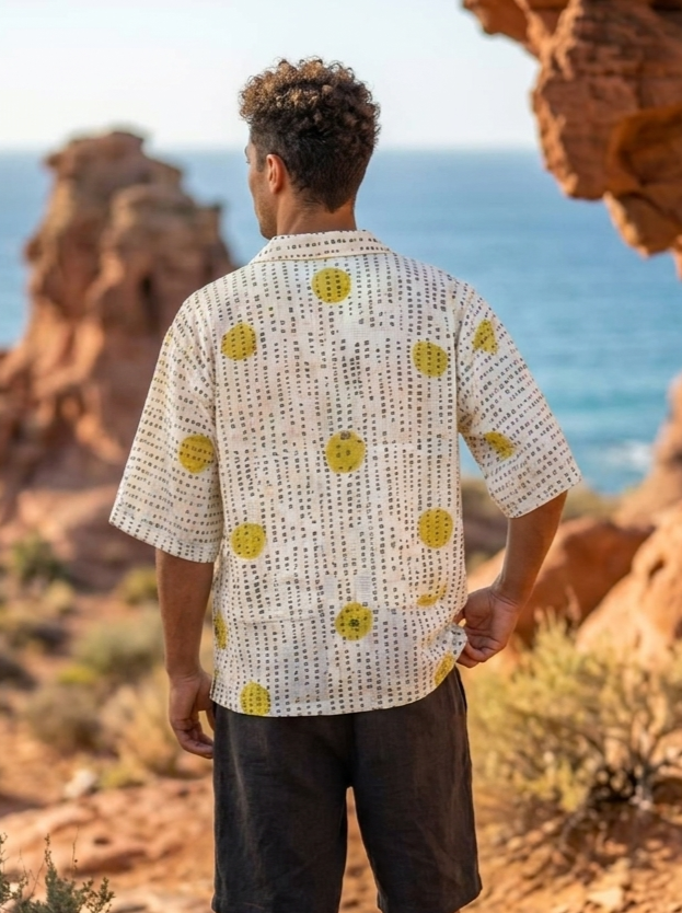 A man with curly hair is seen from behind, standing outdoors and facing the ocean. He wears the Aaranya Shirt—a premium-quality shirt with a boho motif and yellow dots—paired with black shorts. Rocky terrain and blue water stretch out in the background.
