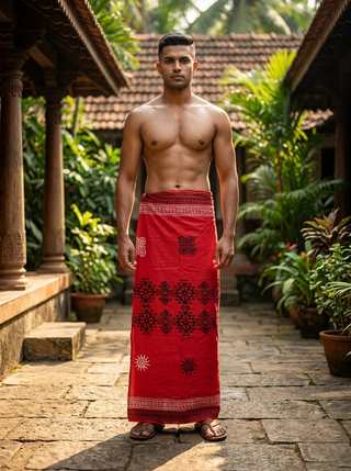 A man stands barefoot in a sunny courtyard, wearing the Ramya Dhoti in red—a hand block printed piece crafted from breathable, lightweight fabric. Shirtless and surrounded by tropical plants and traditional wooden architecture, he embodies the essence of handcrafted ethnic wear.