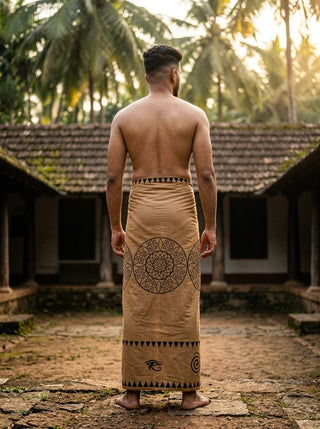A man stands barefoot and shirtless, wearing the Kavu Dhoti, which features heritage-inspired black geometric block prints, as he faces away in a courtyard framed by palm trees and old buildings.