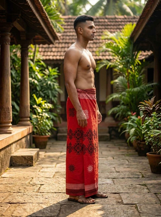 A man stands barefoot on a stone path outdoors, wearing the Ramya Dhoti—crafted from breathable, lightweight fabric with hand block print—shirtless and surrounded by lush green plants and traditional wooden architecture.