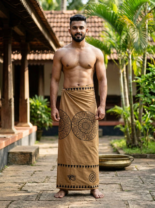 A man stands outside on a stone path, wearing the Kavu Dhoti styled with a brown patterned wrap from waist to ankle. He is shirtless, bearded, and has short hair, while lush green plants and a traditional tiled-roof house provide a scenic backdrop.