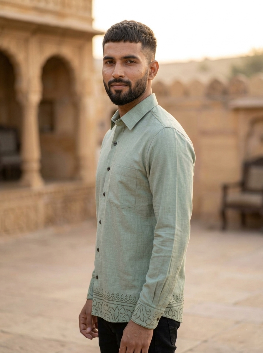 A man with short dark hair and a beard stands sideways outdoors, wearing the Madera shirt—a light green cotton design—paired with black pants. The background features stone architecture and soft, warm lighting.