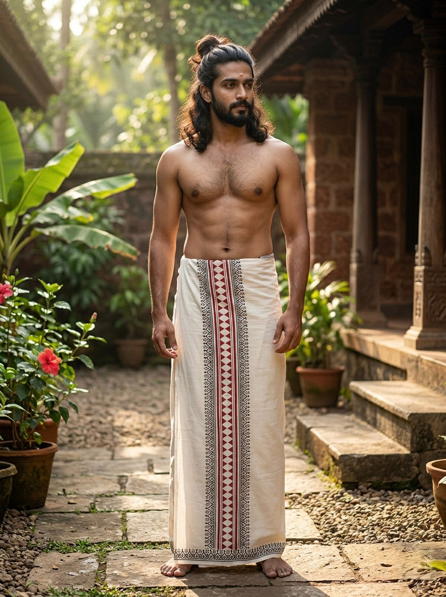 A man with long hair stands barefoot on a stone path, wearing the Veliyam Dhoti in white and red—echoing the classic temple border mundu—surrounded by potted plants and old brick buildings.