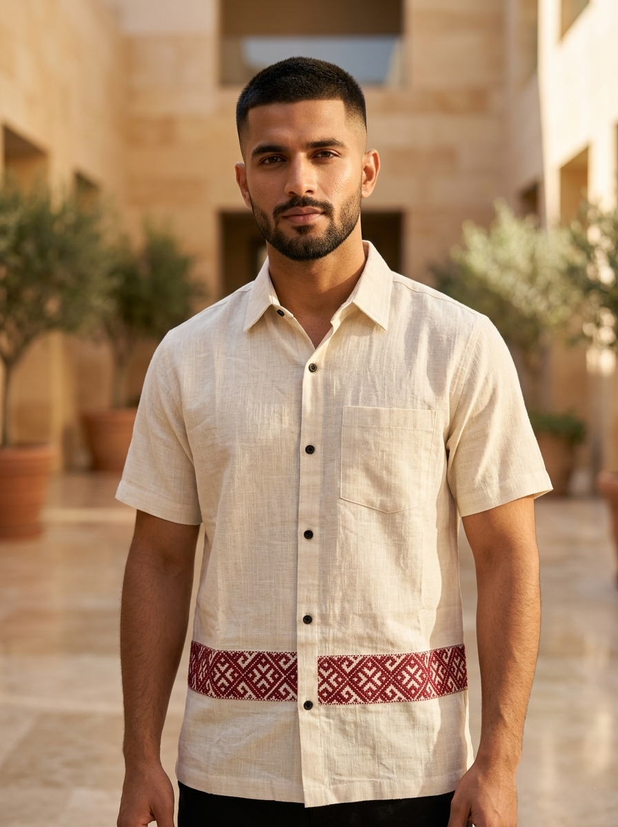 A man with a short beard and short hair stands in a sunlit courtyard, wearing the Prayan Shirt—a light beige boho shirt adorned with an eye-catching red geometric embroidered pattern near the hem—paired with black pants. Potted trees are visible in the background.