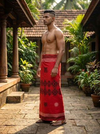 A shirtless man stands outdoors wearing the Ramya Dhoti, a red hand block print dhoti adorned with black patterns. He is in a stone courtyard surrounded by tropical plants and wooden pillars, with sunlight filtering through the scene. The handcrafted ethnic wear’s breathable, lightweight fabric adds an effortless charm to the setting.