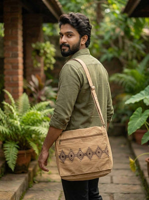 A bearded man in a green shirt, carrying the Safarika Bag, stands on a stone path in a lush, green garden and looks back over his shoulder.
