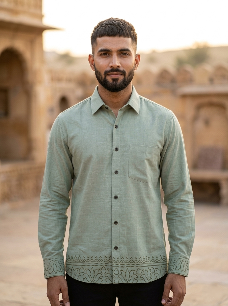 A man with short dark hair and a beard stands outdoors in front of ornate stone architecture, wearing the Madera shirt in pista green, crafted from breathable cotton with a patterned hem.
