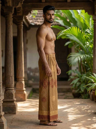 A shirtless man stands in a traditional courtyard with wooden pillars and lush green plants, wearing the Ramya Dhoti—crafted from breathable, lightweight fabric with hand block prints—and sandals.
