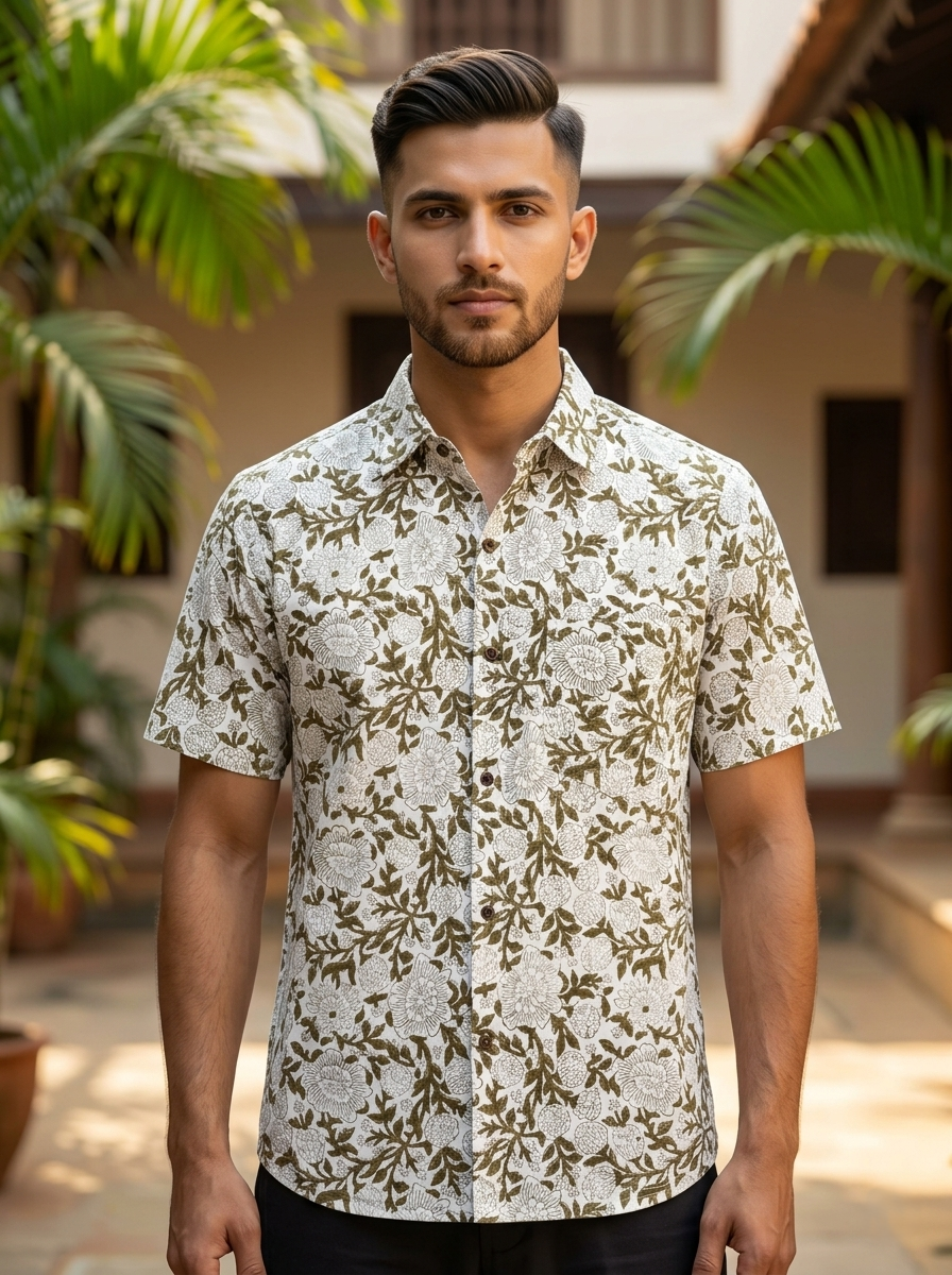 A man with short dark hair and a beard stands outside in a courtyard, wearing the Amod Shirt—a light-colored block print shirt featuring a green leafy pattern. Palm plants and a building are in the background.