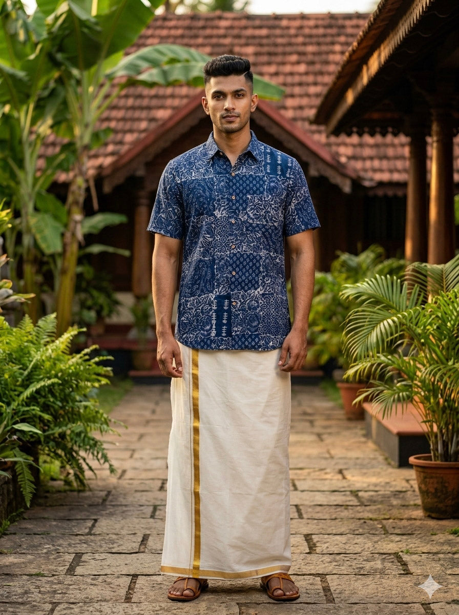 Full-length view of an indigo block print cotton shirt for men worn with a cream dhoti in a courtyard