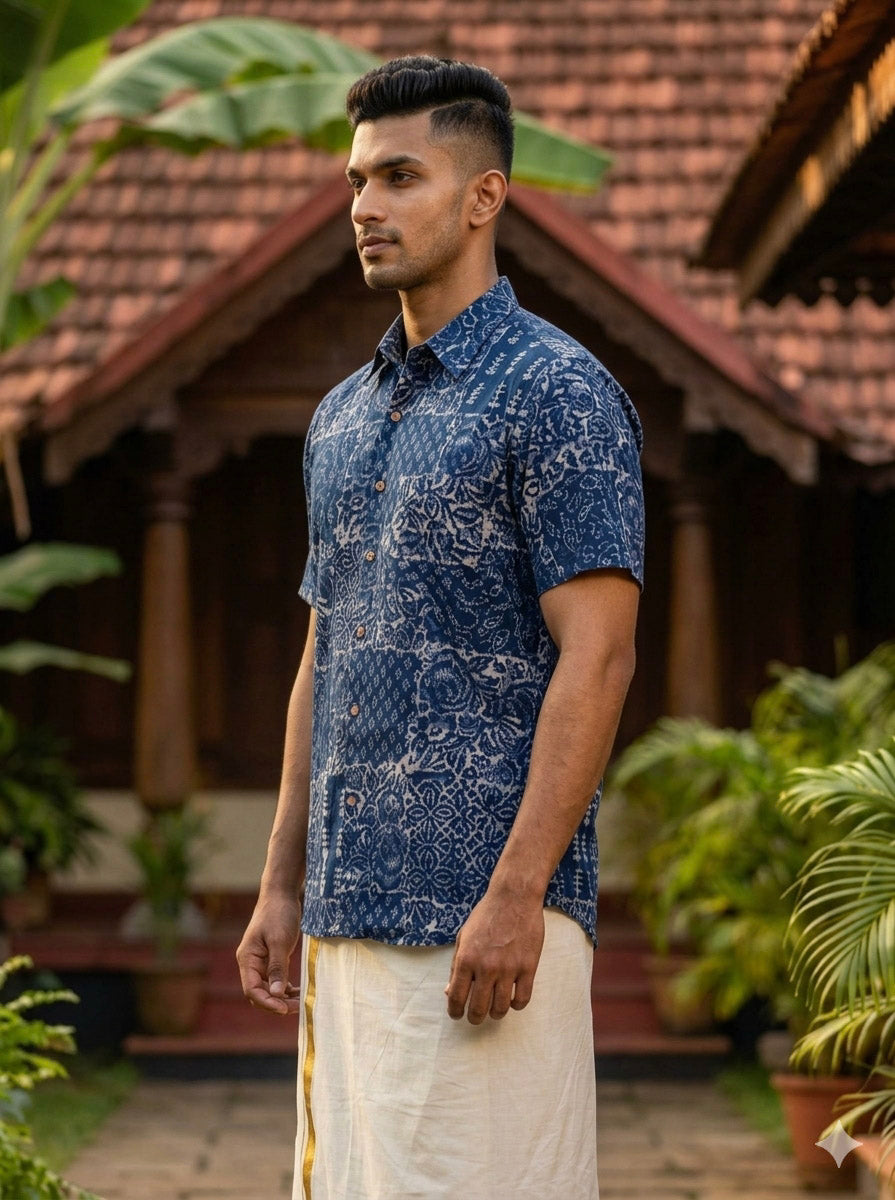 Side view of men's indigo hand block print cotton shirt showing the classic collar and button placket