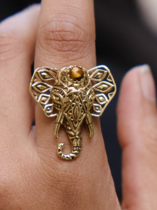 elephant head motif brass ring with gemstone