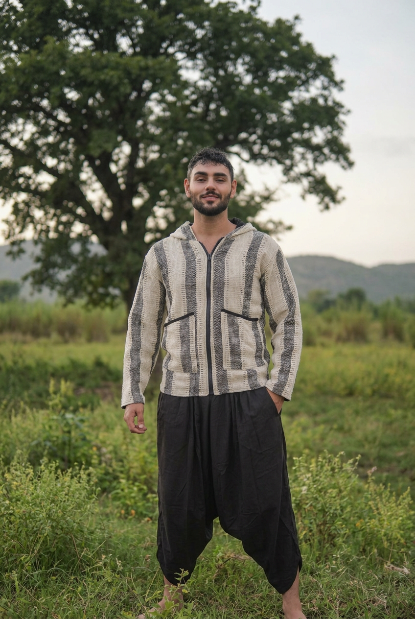 Full-length view of the unisex striped hooded jacket worn with black harem trousers in an open field