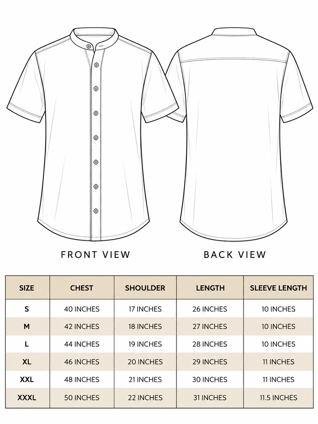 Size chart for the ivory floral hand block print cotton shirt for men, sizes S to XXXL with chest and length