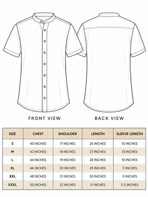 Size chart for the ivory floral hand block print cotton shirt for men, sizes S to XXXL with chest and length