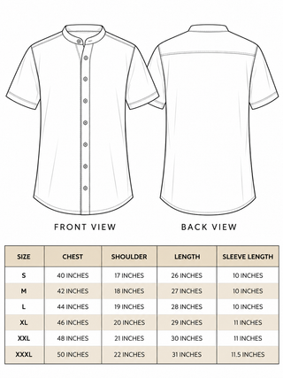 Size chart for the ivory floral hand block print cotton shirt for men, sizes S to XXXL with chest and length