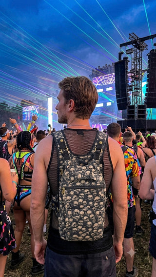 Kaalik skull print backpack shown from the back with adjustable straps