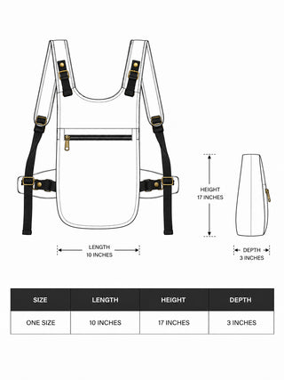 Kaalik skull print backpack size chart showing one size, 10-inch length, 17-inch height and 3-inch depth