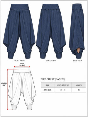 Kashf harem pants size chart showing one size, waist 30 to 40 inches and a 36 inch length
