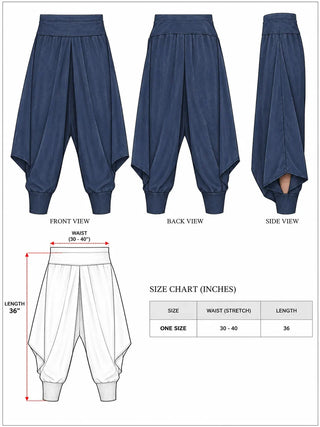 Kashf harem pants size chart showing one size, waist 30 to 40 inches and a 36 inch length