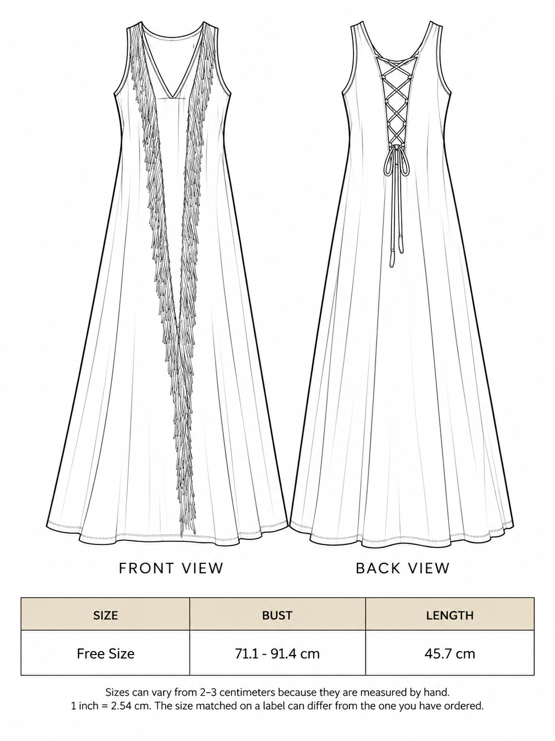 Kashi Maxi Dress size chart showing free size bust and length measurements