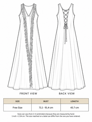 Kashi Maxi Dress size chart showing free size bust and length measurements