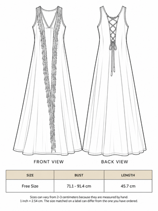 Kashi Maxi Dress size chart showing free size bust and length measurements