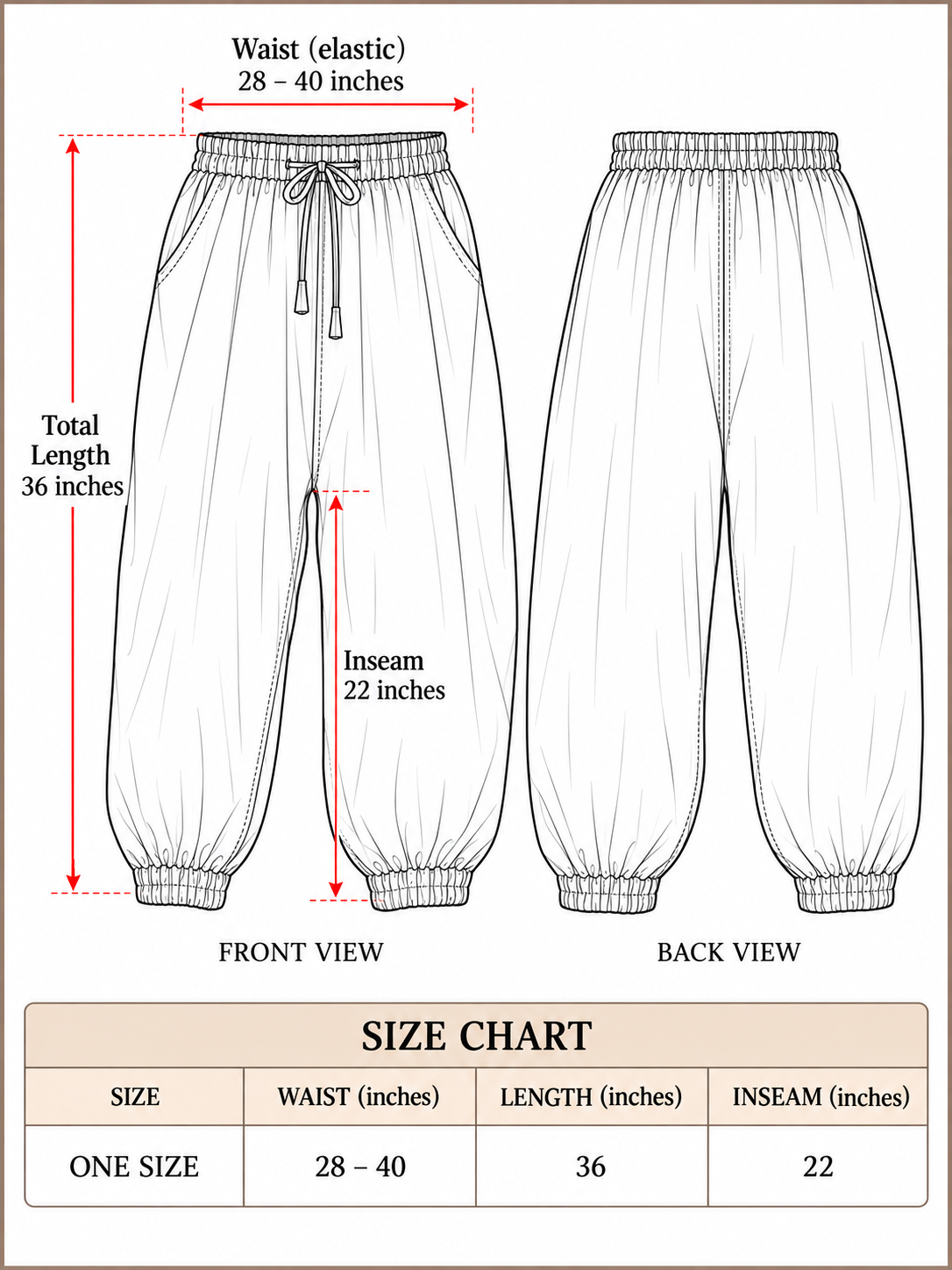 Kathan harem pants size chart, one size with waist 28 to 40 inches, length 36 inches, inseam 22 inches
