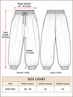 Kathan harem pants size chart, one size with waist 28 to 40 inches, length 36 inches, inseam 22 inches