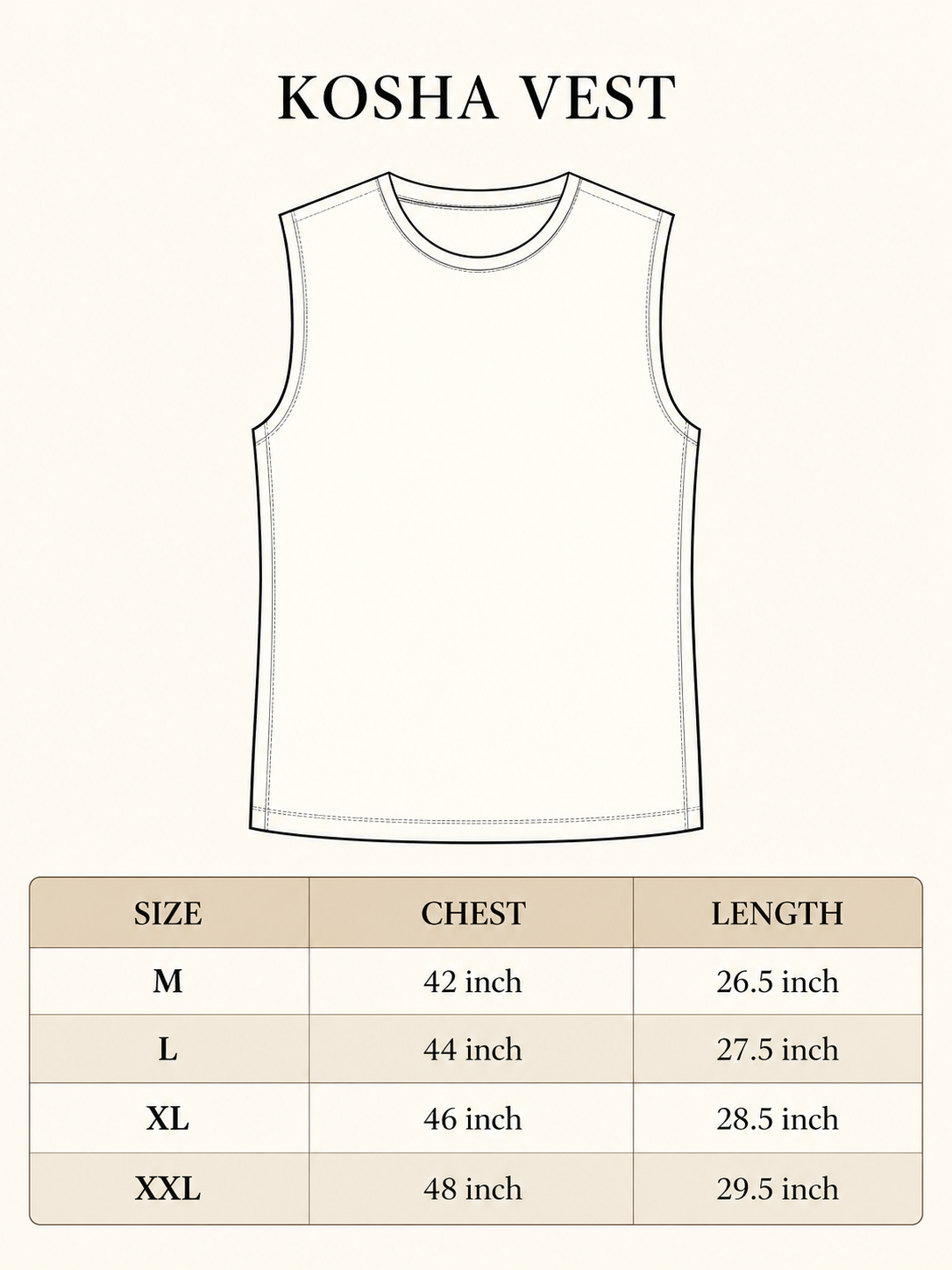 Kosha Vest size chart, chest 42 to 48 inch, length 26.5 to 29.5 inch across M, L, XL and XXL.