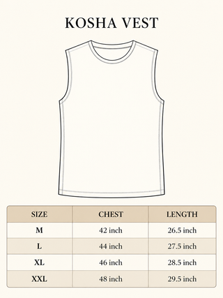 Kosha Vest size chart, chest 42 to 48 inch, length 26.5 to 29.5 inch across M, L, XL and XXL.