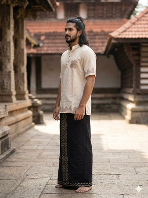 Kshetra Kurta side profile of ivory cotton short kurta for men with geometric sleeve and hem borders