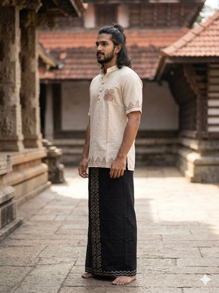 Kshetra Kurta side profile of ivory cotton short kurta for men with geometric sleeve and hem borders