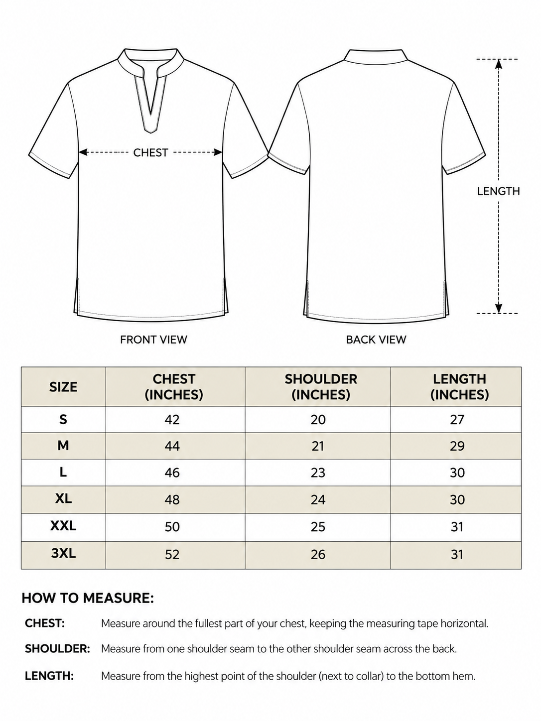 Kshetra Kurta men's size chart with chest, shoulder and length measurements from S to 3XL