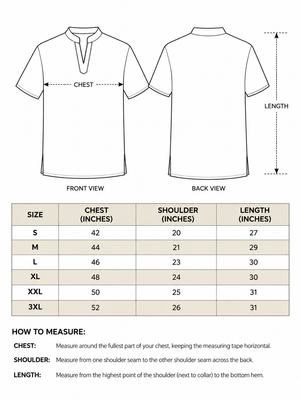 Kshetra Kurta men's size chart with chest, shoulder and length measurements from S to 3XL