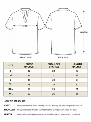 Kshetra Kurta men's size chart with chest, shoulder and length measurements from S to 3XL