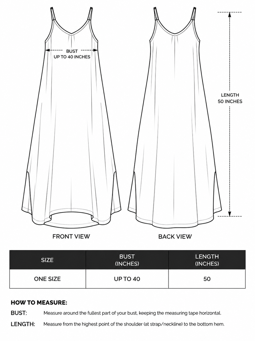 Lakeer dress size chart showing one size fit with bust up to 40 inches and length 50 inches, front and back views