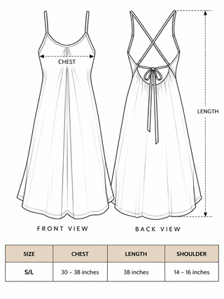 Lina Dress size chart for women: S/L, chest 30 to 38 inches, length 38 inches and shoulder 14 to 16 inches