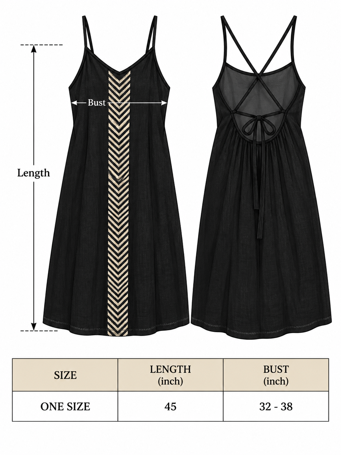 Manthan Dress size chart: one size, length 45 inches, bust 32 to 38 inches