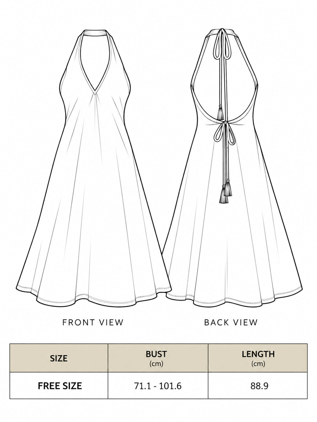 Mantra Dress size chart with free size bust 71.1 to 101.6 cm and length 88.9 cm