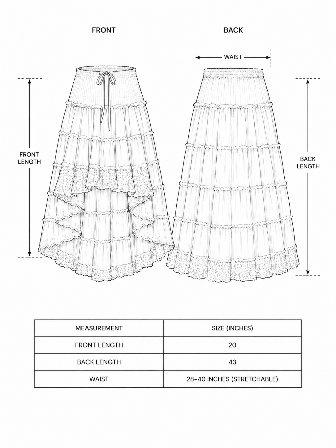 Size chart for the Mariya Maxi Skirt: one size, stretch waist 28-40 in, front 20 in, back 43 in