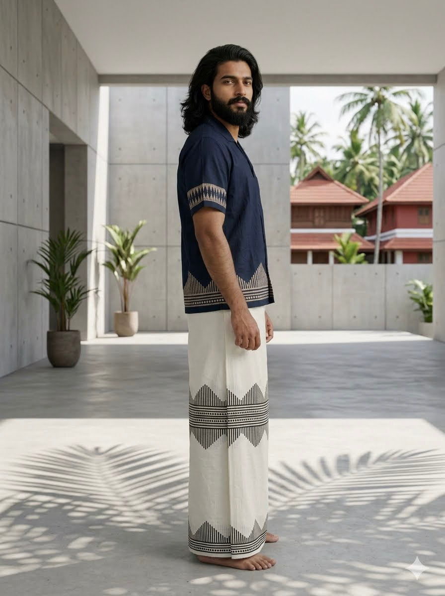 Maruvam indigo cotton shirt for men side profile showing the diamond print band on the short sleeve and hem border