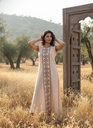 Woman in the natural cream Mojo free size block print cotton maxi dress in a golden field by a carved wooden arch